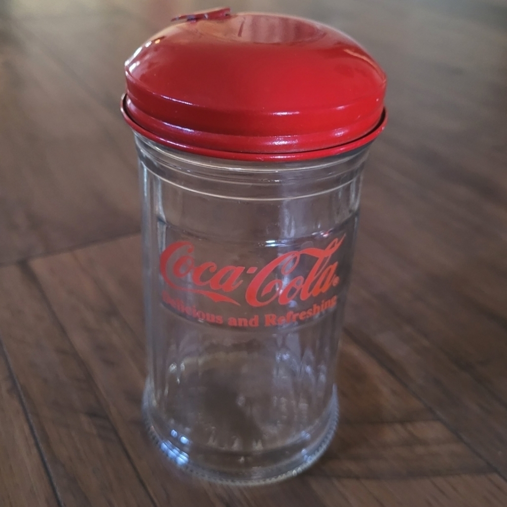 Vintage 1992 Coca-Cola Glass Straw Dispenser Red Metal Flip Top Lid Retro Diner